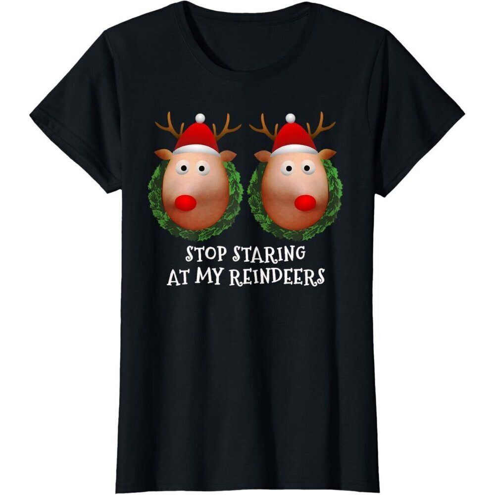 Women's Xmas Sweater Reindeer Boobs Funny Ugly Christmas Short Sleeve